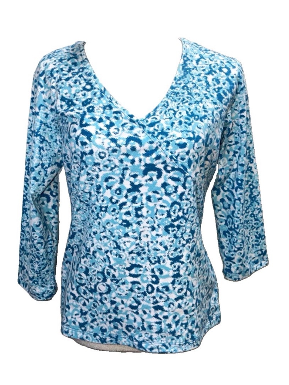 Hearts of Palm V-Neck Patterned Tunic 3/4 Sleeve Blue Teal & White Soft Cotton
